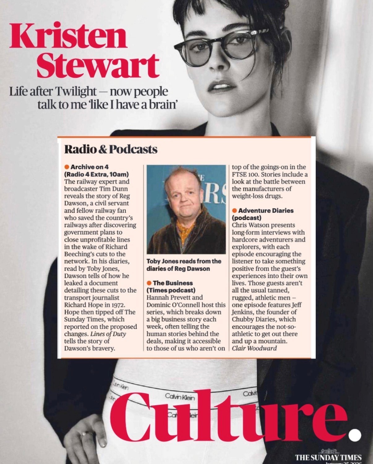 Sunday Times Culture magazine clipping recommending the Adventure Diaries podcast in its Radio and Podcasts section.